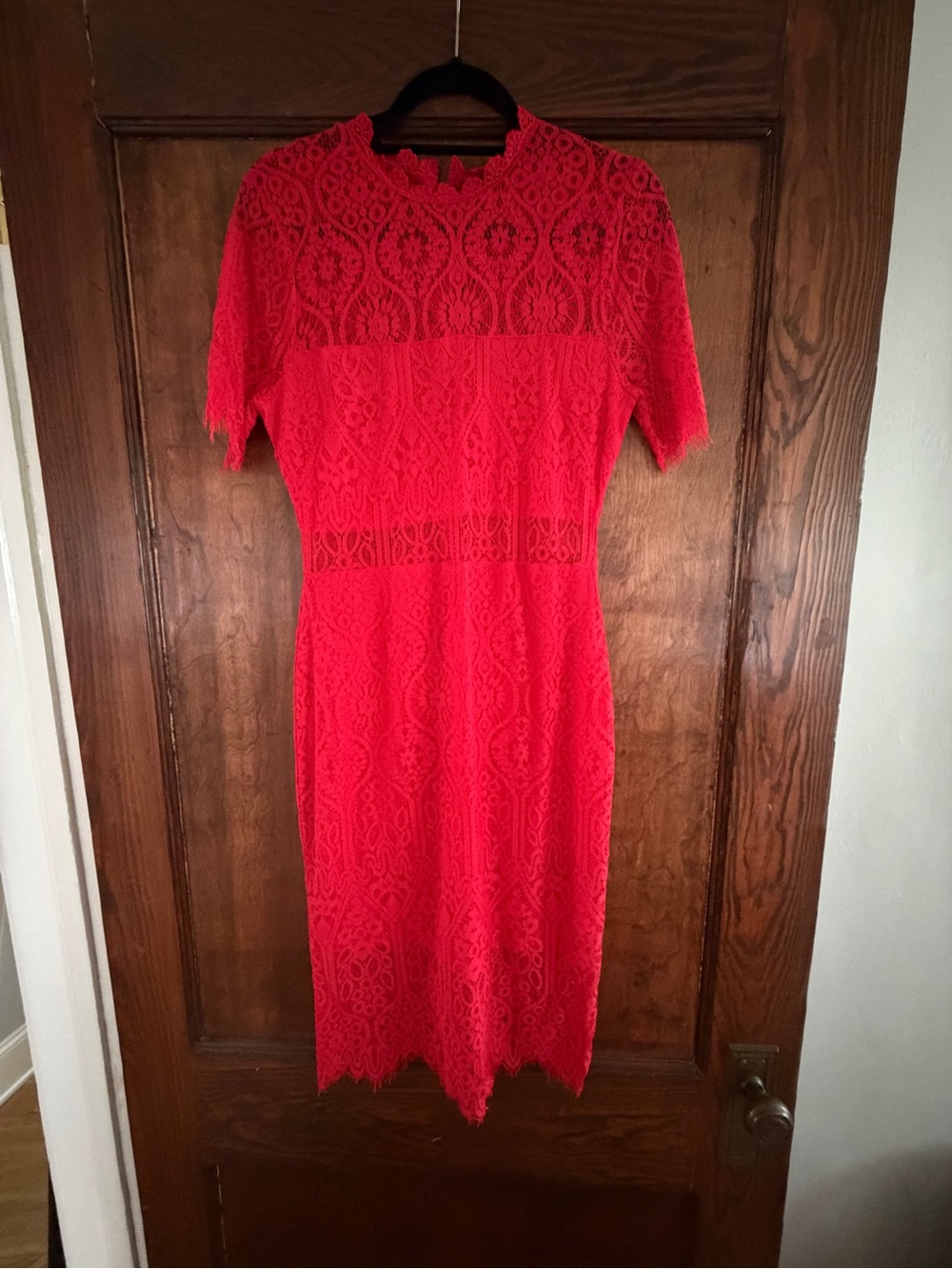 Lulu's Red Lace Midi Dress with Scalloped Hem